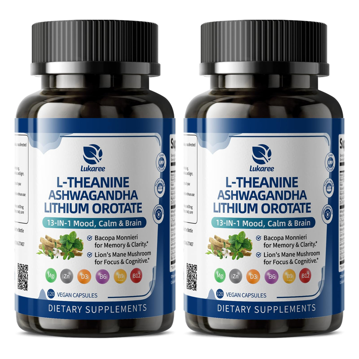 Lithium Orotate 5/10mg, Mood & Brain Supplement, 120 Capsules, 2 Months | 13 in 1 with Ashwagandha, L-Theanine, Bacopa, Lions Mane, Magnesium, Zinc D3 B6 Folate B12 for Calm Focus, Cognitive & Energy