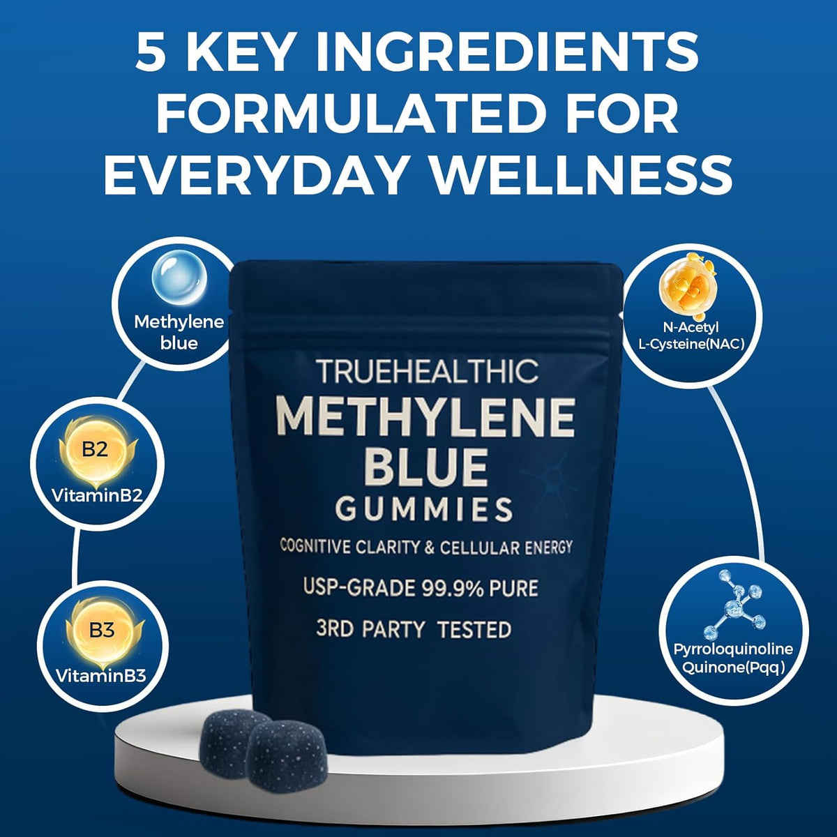 Methylene Blue Gummies, for Cognitive Support & Mental Focus, Clean 5mg of Methylene Blue Per Gummy, 99.9% Pure, Vegan, 60 Gummies