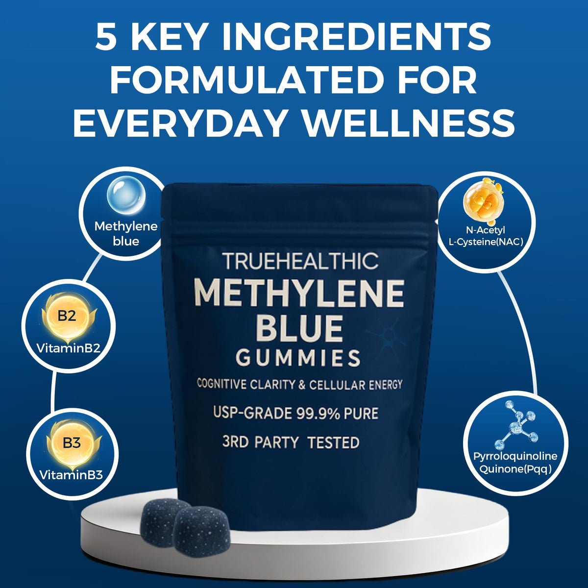 Methylene Blue Gummies, for Cognitive Support & Mental Focus, Clean 5mg of Methylene Blue Per Gummy, 99.9% Pure, Vegan, 60 Gummies