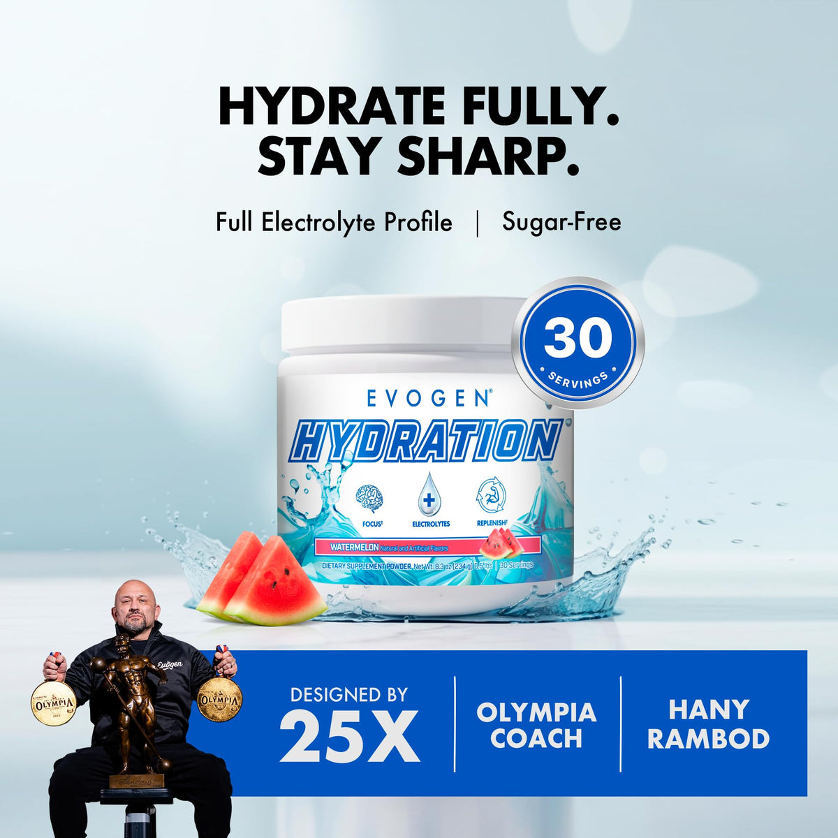 Evogen Hydration Sugar-Free Electrolytes | Lemon Lime | 30 Servings | Potassium, magnesium, sodium, calcium and coconut water with citicoline, taurine and B vitamins for energy and focus
