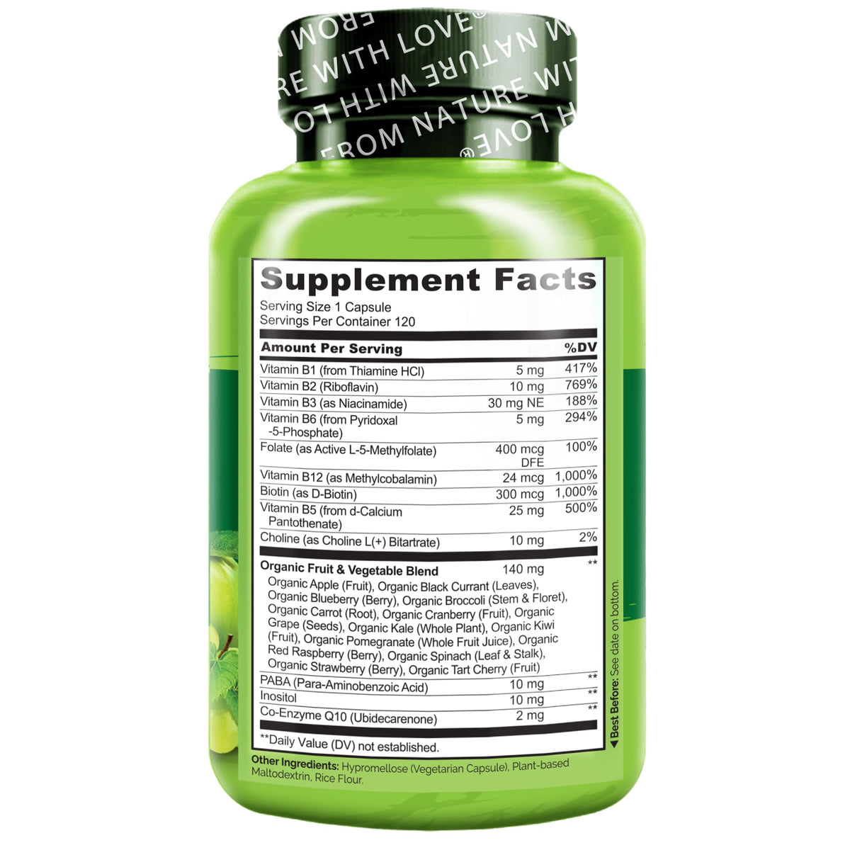 NATURELO Vitamin B Complex,120 Capsules, Vegan, CoQ10, Methyl Folate, Biotin, Fruit & Veg Blend, Supports Energy and Healthy Stress Response, Super B Complex Vitamins for Women and Men