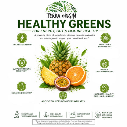 TERRA ORIGIN Greens Superfood Powder | Green Juice Powder with Probiotics & Enzymes | Plant Based Super Greens for Energy, Gut & Immune Support | Vegan, Non-GMO | 30 Servings Tropical Passionfruit