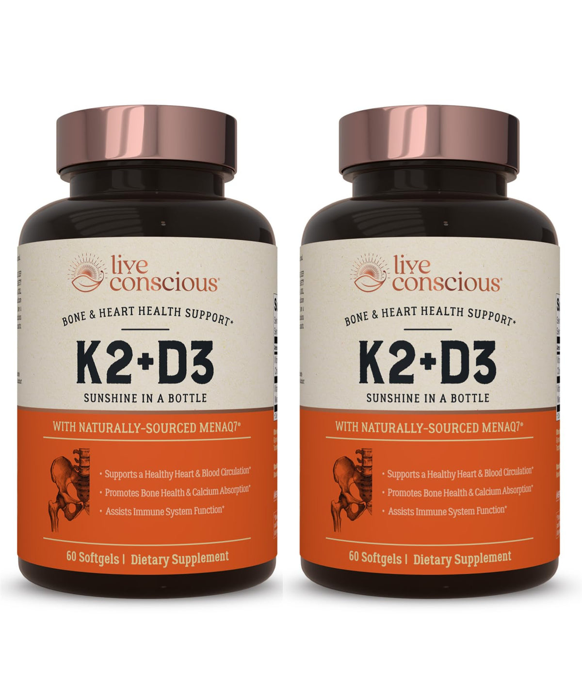 Live Conscious Vitamin K2 MK7 with D3 Supplement | Bone & Heart Health Support - Patented Vitamin K & Vitamin D3 5000 IU - 60 Softgels