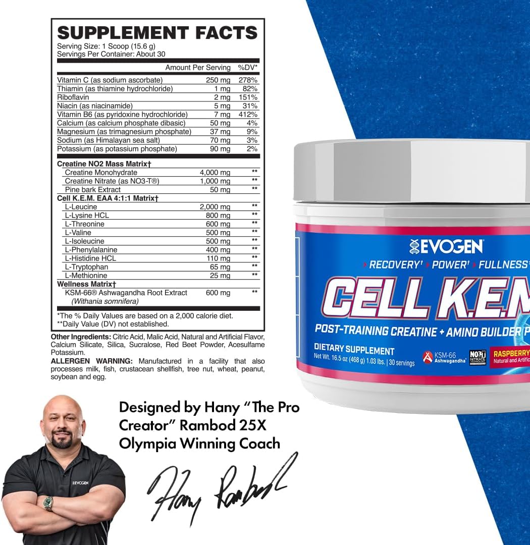 Evogen Cell K.E.M. PR Creatine | Raspberry Lemonade | 30 Servings | 4:1:1 BCAA ratio with added EAAs, NO3-T nitrate and KSM-66 ashwagandha for blood flow, recovery and muscle fullness