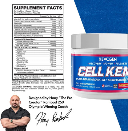 Evogen Cell K.E.M. PR Creatine | Raspberry Lemonade | 30 Servings | 4:1:1 BCAA ratio with added EAAs, NO3-T nitrate and KSM-66 ashwagandha for blood flow, recovery and muscle fullness