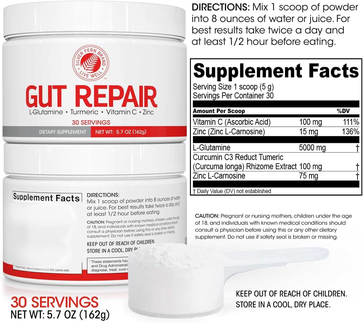 Silver Fern Gut Repair - Digestive Health Supplement Powder | L-Glutamine, Curcumin, Zinc & Ascorbic Acid (1 Tub - 30 Servings)