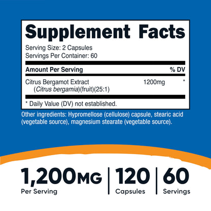 Nutricost Citrus Bergamot Capsules 1,200mg, 120 Capsules - 25:1 Bergamot Extract - 60 Servings, Gluten Free, Vegan & Non-GMO