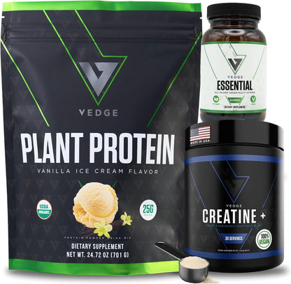 VEDGE Vanilla Protein Powder, Creatine Monohydrate, and Vegan Omega 3, Complete Vegan Performance Stack for Muscle Strength, Endurance & Recovery, Superfood Vitamin A, Vitamin C, and Amino Acids