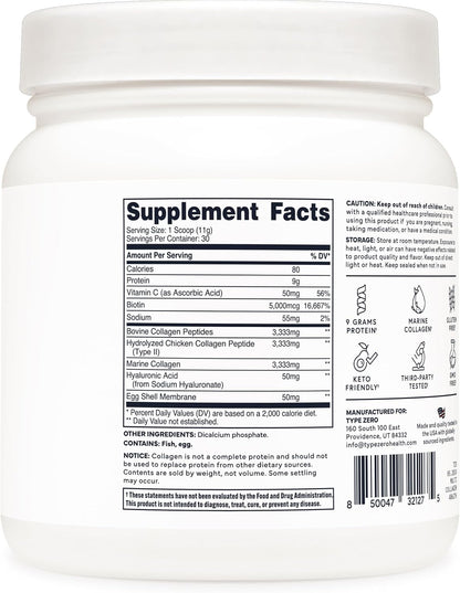 Type Zero Multi Collagen Powder 30 Servings (Unflavored) - Types I, II, III, V, & X Collagen Peptides + Hyaluronic Acid, VIT C, Biotin