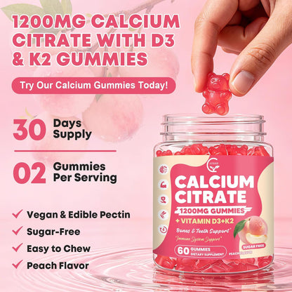 Calcium Citrate Gummies 1200 mg with Vitamin D3, K2 for Bone, Muscle & Immune Support, High Absorption Chewable Calcium Supplements for Women & Men, Sugar Free, Vegan, Peach Flavor, 60 Chews