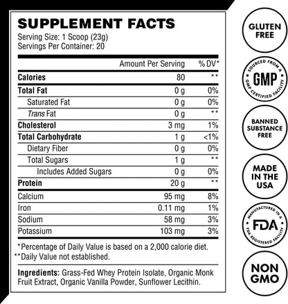 MetCon Whey Protein Isolate - Premium Grass-Fed Whey Protein Isolate Powder with 5 All-Natural Ingredients, No Fillers, Organic Vanilla Flavor (460g)