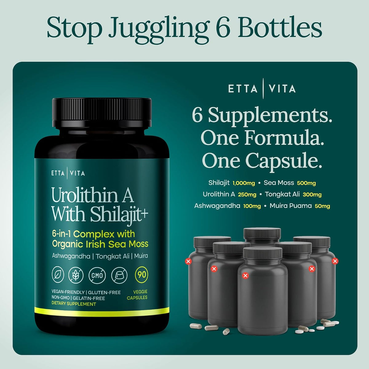 Urolithin-A Complex with Shilajit, Sea Moss, Ashwagandha & Tongkat Ali 90Ct | Urolithin a supplement, supports natural energy, hormone balance, focus & cellular health, vegan, non-GMO, made in USA