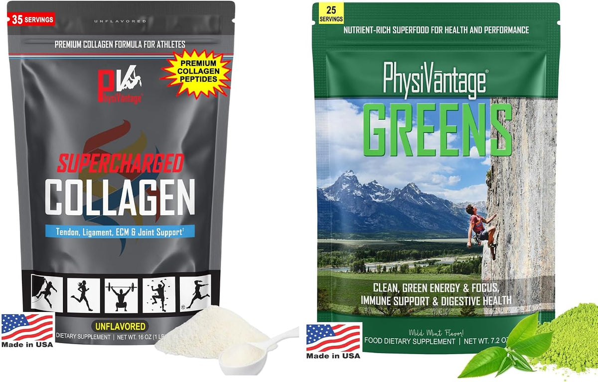 PhysiVantage Supercharged Collagen Peptides Powder - Unflavored & Organic Greens Powder