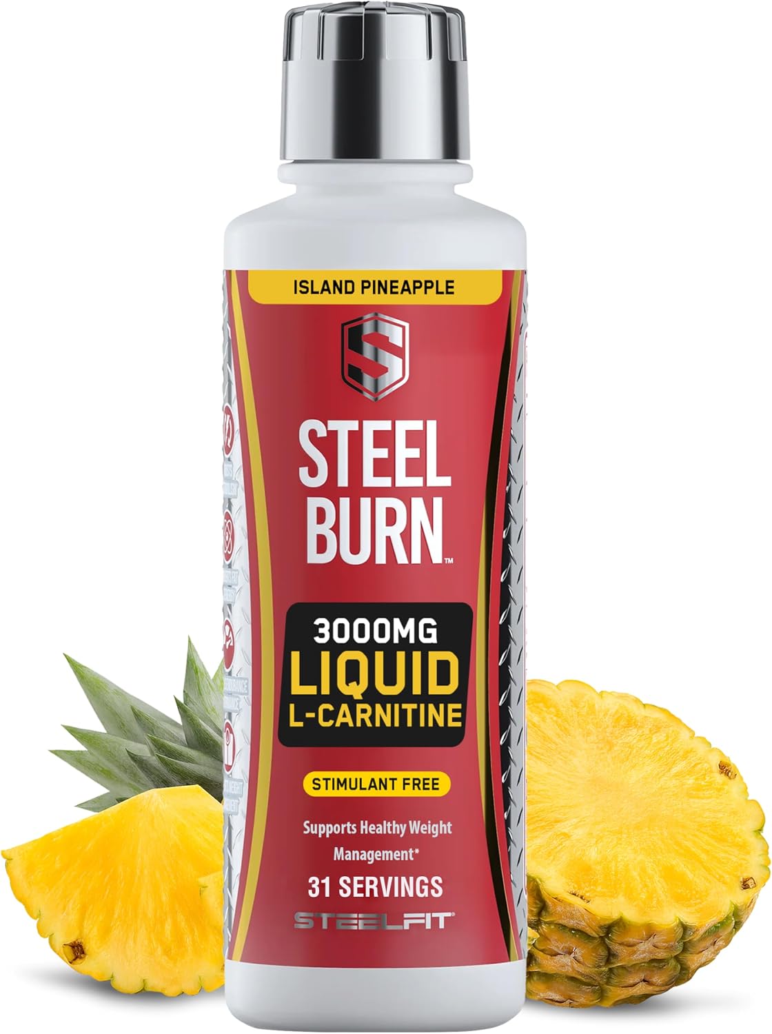 SteelFit Steel Burn, Premium Liquid L-Carnitine, 3000mg, Island Pineapple | Stimulant-Free & Clean Workout Drink for Men & Women Supports Healthy Weight Loss Management & Fat Metabolism - 31 Servings