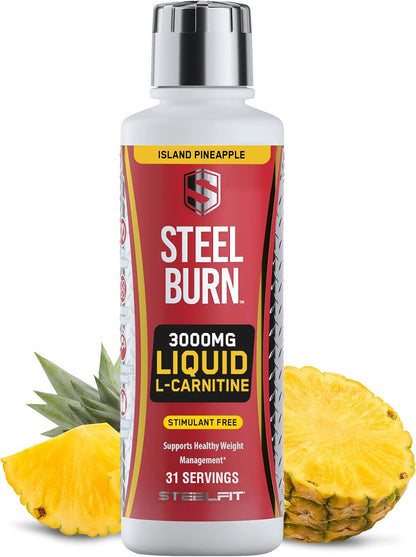 SteelFit Steel Burn, Premium Liquid L-Carnitine, 3000mg, Island Pineapple | Stimulant-Free & Clean Workout Drink for Men & Women Supports Healthy Weight Loss Management & Fat Metabolism - 31 Servings
