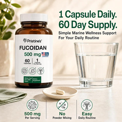 PRISTINE'S Fucoidan 500mg Brown Seaweed Extract Capsules, Vegan, 60 Count | Marine wellness support from brown seaweed extract. 60 count glass bottle, vegan, non-GMO, gluten-free, third-party tested