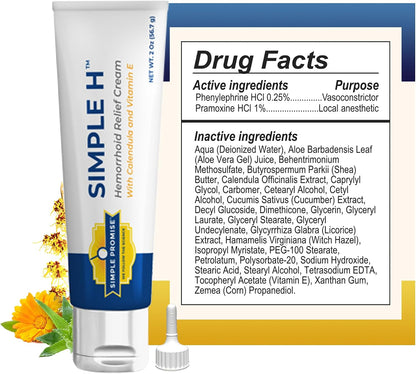 Simple H - Hemorrhoid Cream and Ointment - Internal and External Comfort | Gentle and Fast Absorbing, For Itch and Burning Relief, With 28 Botanicals, Apply Morning and Night, 2 oz Tube