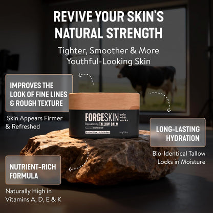 Forge Skin® Men's Anti-Aging Face Care Routine | Beef Tallow Balm Moisturizer + Nourishing Cleanser Exfoliating Face Wash + Hydration Wrinkle Defense Serum + Mineral Tallow Sunscreen SPF 30