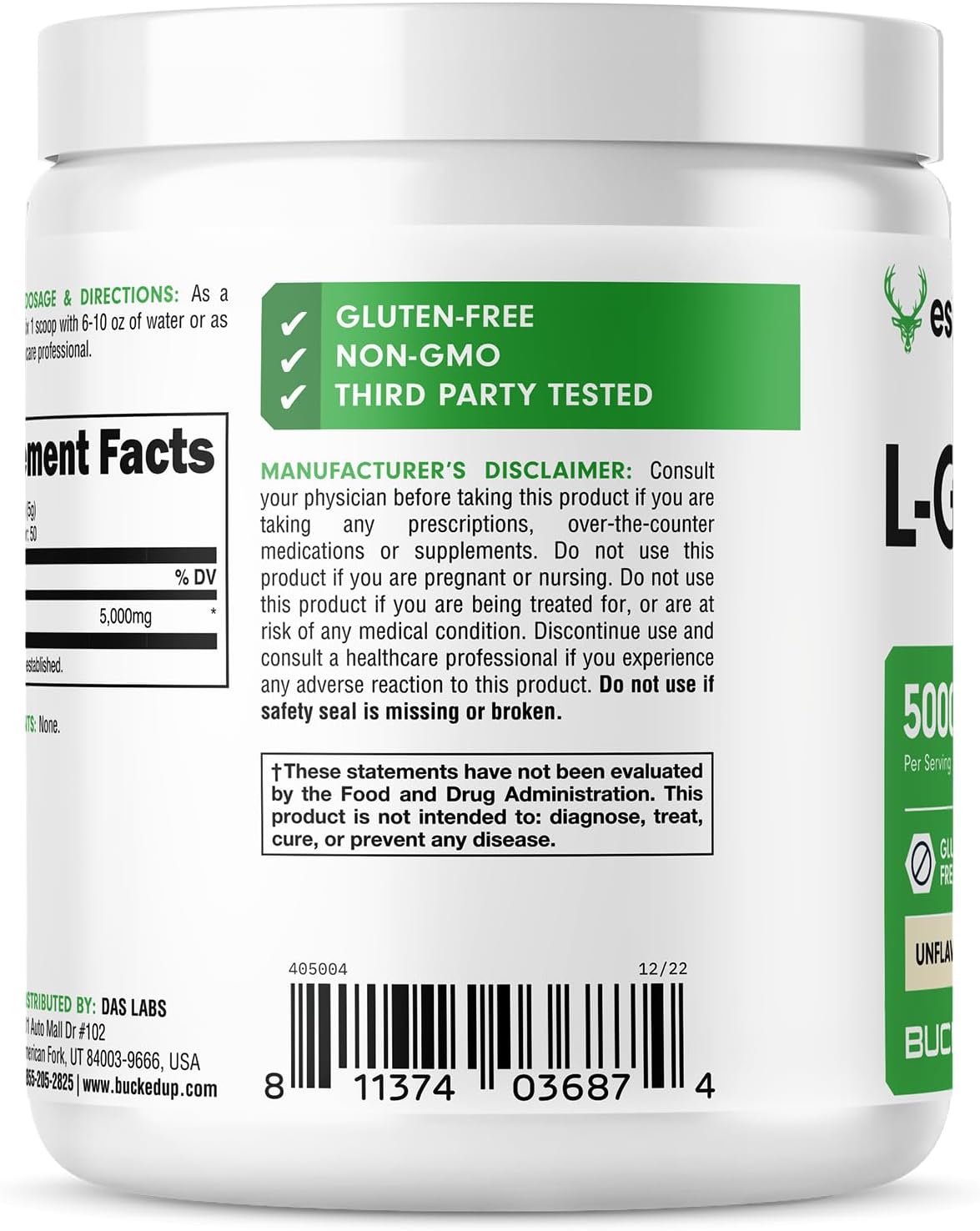 Bucked Up L-Glutamine (5000mg), Essentials (50 Servings, 250 Grams)
