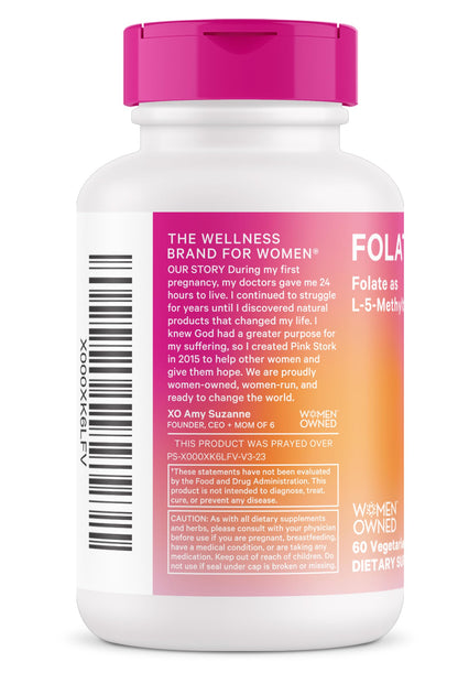 Pink Stork Folate: Methyl Folate - MTHFR Acid, Natural Form of Folic Acid for Pregnancy, Formulated