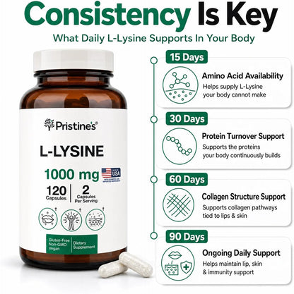 PRISTINE'S L-Lysine 1000mg Capsules, Lip Health & Immune Support, Vegan | Daily amino acid support for lip health and immune wellness. 60 day supply, vegan, non-GMO, gluten-free, glass bottle