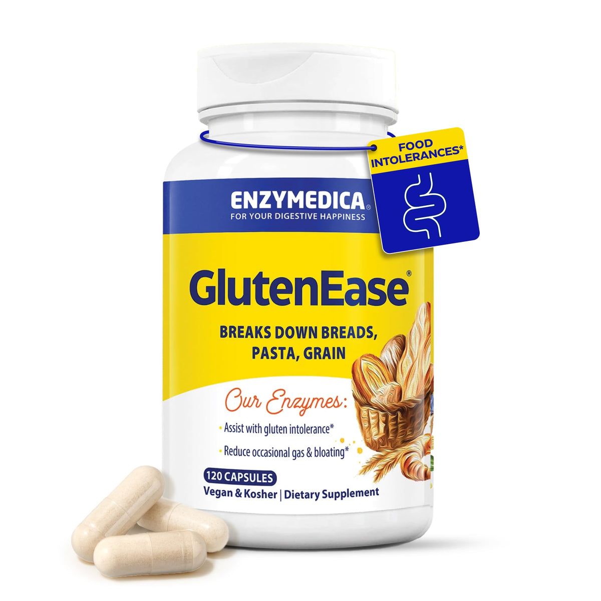 Enzymedica GlutenEase - Digestive Enzyme Supplement for Women & Men, Gluten & Casein Sensitivity Support, Enzymes for Digestion & Gut Health, Helps Gas & Bloating - 60 Caps