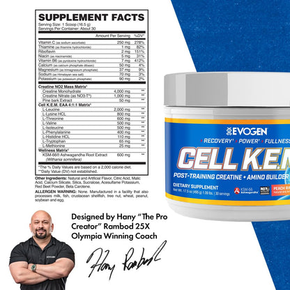 Evogen Cell K.E.M. PR Creatine | Raspberry Lemonade | 30 Servings | 4:1:1 BCAA ratio with added EAAs, NO3-T nitrate and KSM-66 ashwagandha for blood flow, recovery and muscle fullness