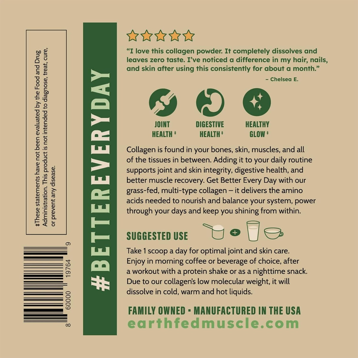 Earth Fed Muscle Collagen Peptides, Unflavored, 23 Servings | Third-Party Certified, 20g Protein, Grass Fed, Non-GMO, Hormone Free, Gluten Free, Multi-Type