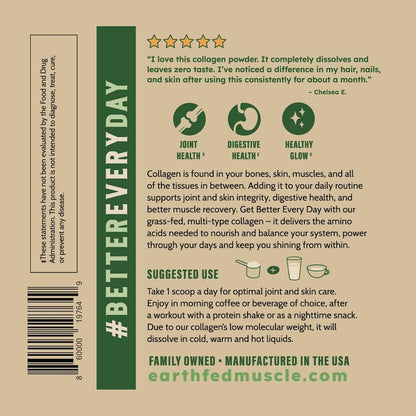 Earth Fed Muscle Collagen Peptides, Unflavored, 23 Servings | Third-Party Certified, 20g Protein, Grass Fed, Non-GMO, Hormone Free, Gluten Free, Multi-Type