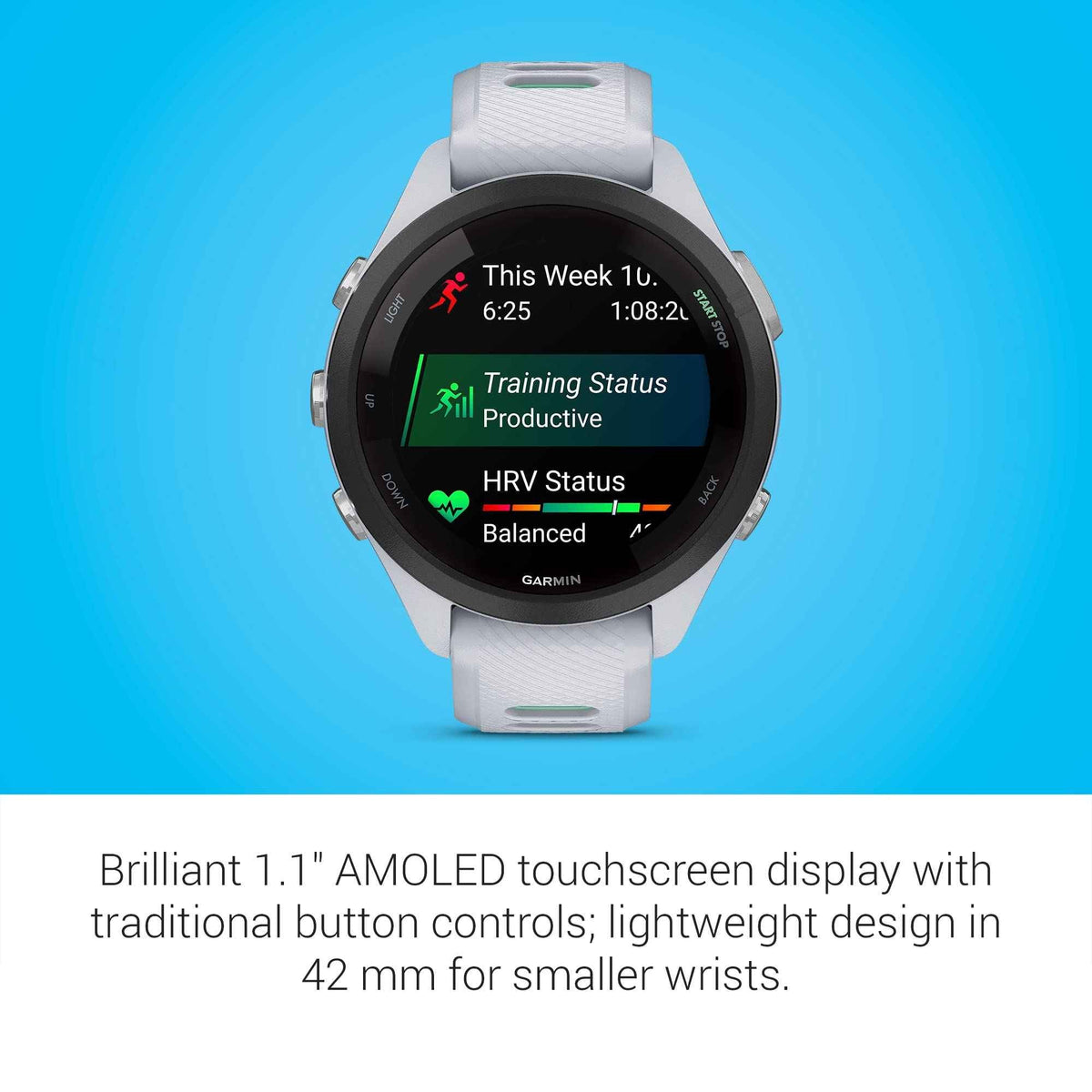 Garmin Forerunner® 265S, Running Smartwatch, 42mm, Whitestone/Neo Tropic