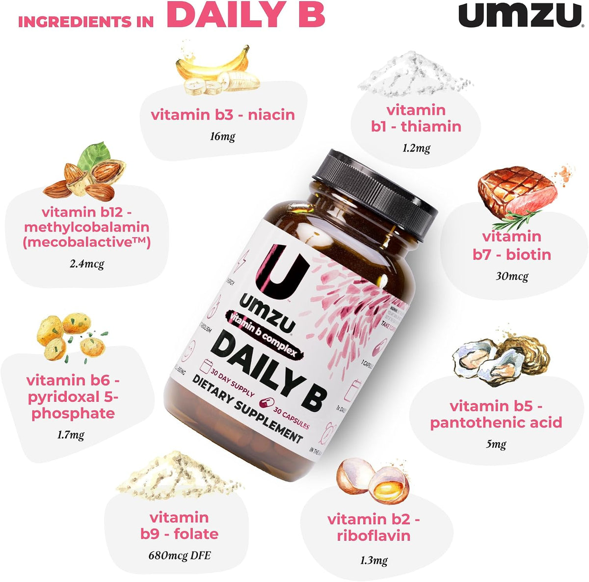UMZU Daily B Vitamin B Complex, 30 Day Supply | Vitamins B1, B2, B3, B5, B6, B7, B9 and B12, Folic Acid and Biotin, Energy, Focus, Mood and Metabolism Support