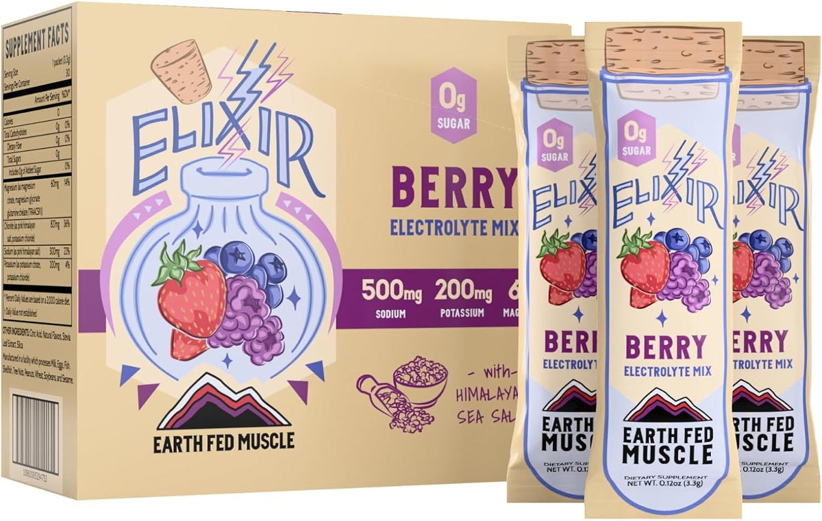Earth Fed Muscle Elixir Electrolyte Powder Packets - Berry Flavor with Himalayan Sea Salt - Sugar Free, Stevia Sweetened - 3X Electrolytes - 30 Single Serve Hydration Drink Mix Sticks