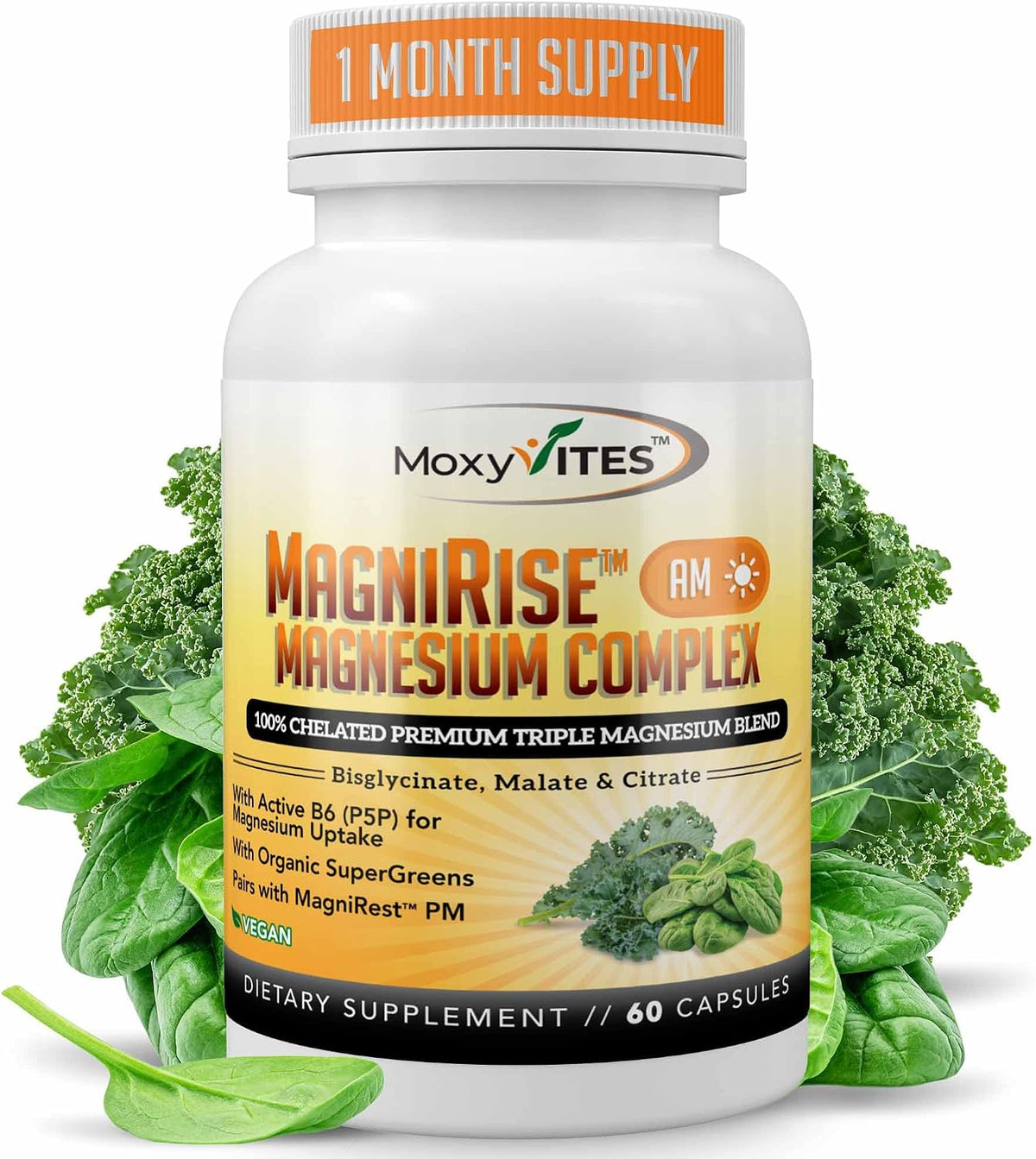 MoxyVites MagniRise™ AM– Magnesium Complex for Women & Men - 200mg Magnesium Bisglycinate, Malate, Citrate, B6, Organic SuperGreens – Chelated, High Absorption – Pairs with MagniRest™ PM – 60 Capsules