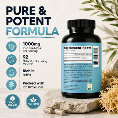 Superfood Organic Irish Sea Moss Capsules - 120 Veggie Capsules | Wildcrafted Organic Sea Moss Supplement for Men & Women | Better Than Sea Moss Gel | Support Immunity & Skin, 1000mg