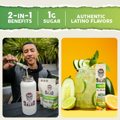 Salud 2-Pack |2-in-1 Energy + Focus (Peach Lemonade) & Hydration + Immunity (Cucumber Lime) – 15 Servings Each, Agua Fresca Drink Mix, Non-GMO, Gluten Free, Vegan, Low Calorie, 1g of Sugar