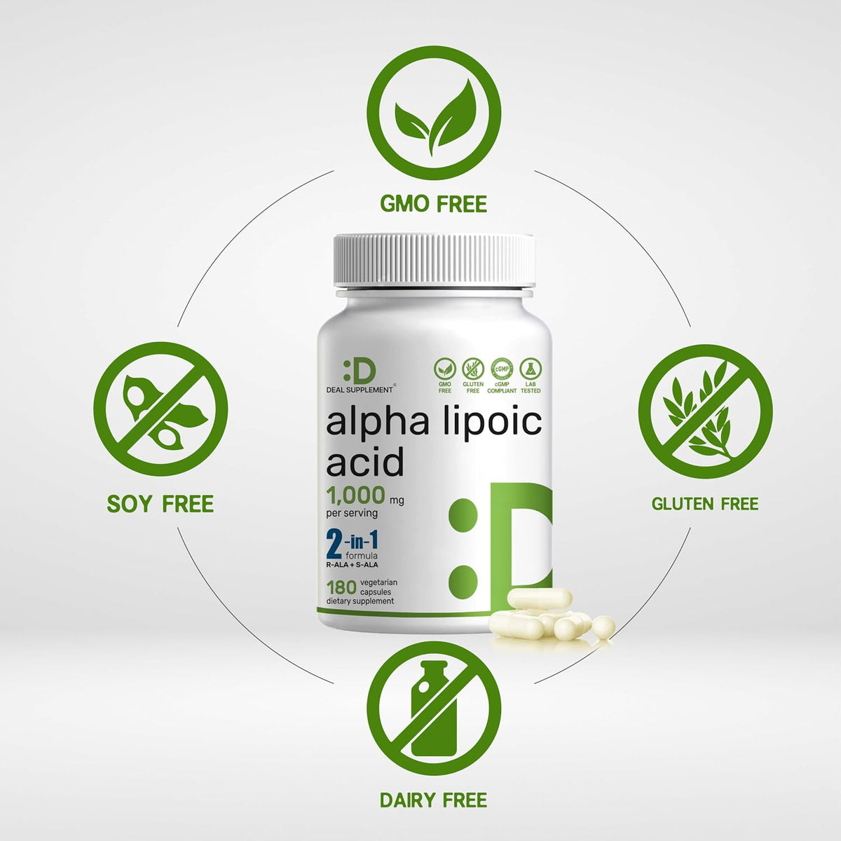 Alpha Lipoic Acid 1,000mg, 180 Veggie Capsules – 50/50 R-ALA & S-ALA for Max Bioavailability – Antioxidant Supplement – Energy & Nervous System Support – Non-GMO