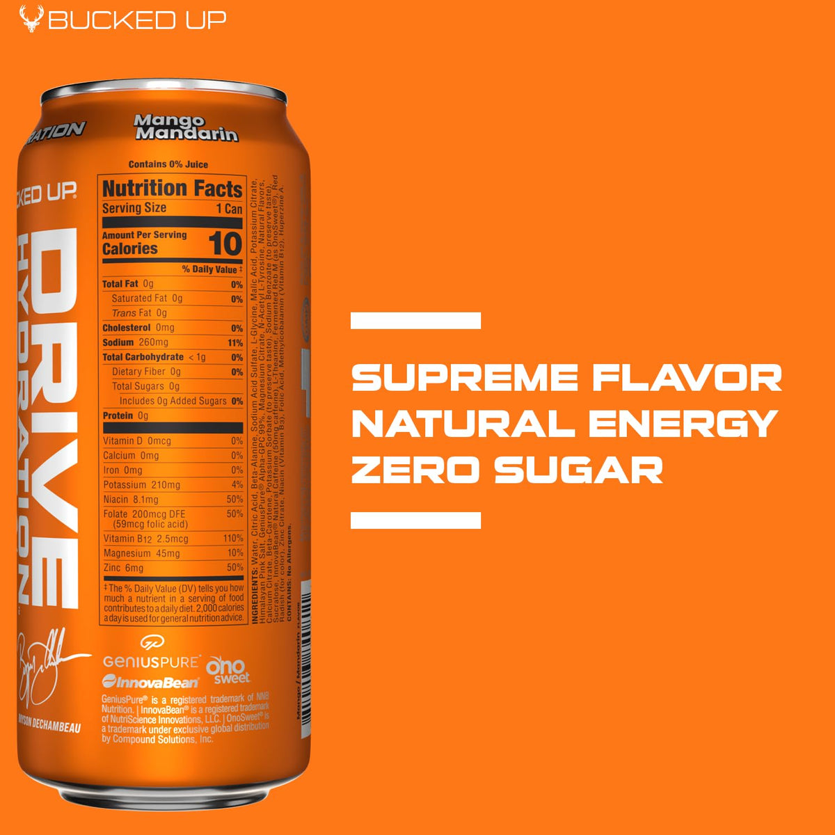 Bucked Up Drive Hydration and Energy | Zero Sugar Electrolyte Drink with GeniusPure Alpha-GPC & 50mg Natural Caffeine | No Artificial Colors | Performance Hydration Beverage | 12 Pack, 16 fl oz Cans | (Mango Mandarin)