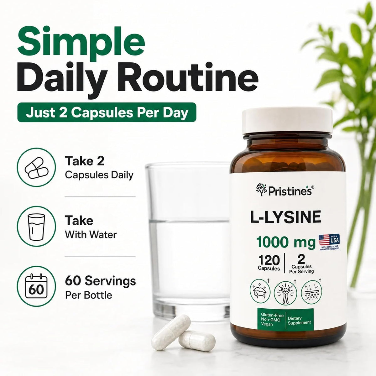 PRISTINE'S L-Lysine 1000mg Capsules, Lip Health & Immune Support, Vegan | Daily amino acid support for lip health and immune wellness. 60 day supply, vegan, non-GMO, gluten-free, glass bottle