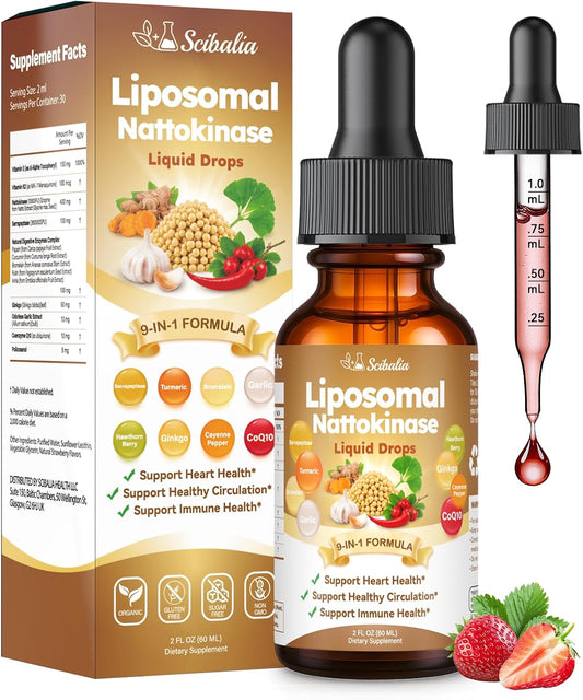 Nattokinase 10800 FU Supplement Liquid Drops, Ultimate 9-in-1 Natto -kinase Serrapeptase Enzyme Blend w. Bromelain Curcumin CoQ10 K2 MK7 for Circulatory Heart & Digestive Spike, Liposomal Tech