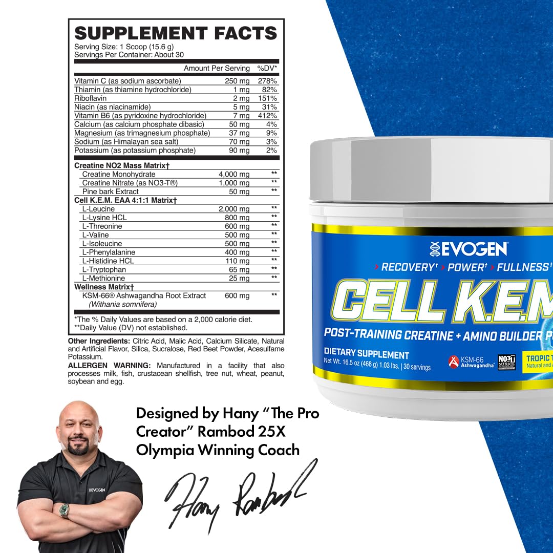 Evogen Cell K.E.M. PR Creatine | Raspberry Lemonade | 30 Servings | 4:1:1 BCAA ratio with added EAAs, NO3-T nitrate and KSM-66 ashwagandha for blood flow, recovery and muscle fullness