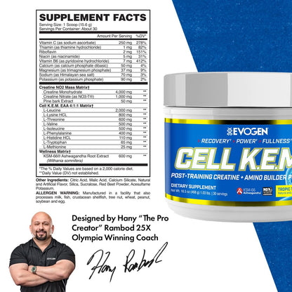 Evogen Cell K.E.M. PR Creatine | Raspberry Lemonade | 30 Servings | 4:1:1 BCAA ratio with added EAAs, NO3-T nitrate and KSM-66 ashwagandha for blood flow, recovery and muscle fullness
