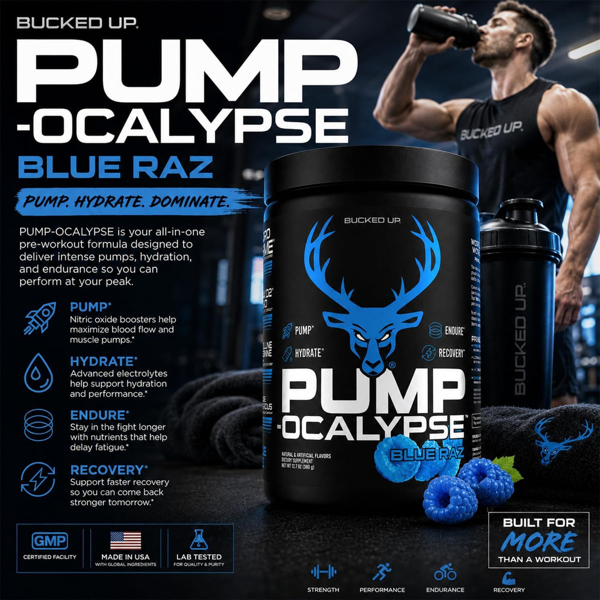 Pump-ocalypse Blue Raz | Nitric Oxide and L Arginine Supplement with Citrulline Malate, GlycerPump | Ultimate N.O. Booster | Lean Muscle Support for Blood Flow, Vascularity, Hydration and Endurance
