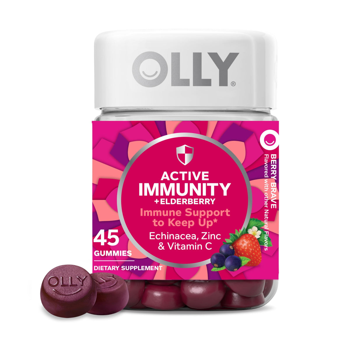 OLLY Immunity Gummy, Immune Support, Elderberry, Zinc, Vitamin C, Supplement, Berry Flavor, 15 Day Supply - 45 Count