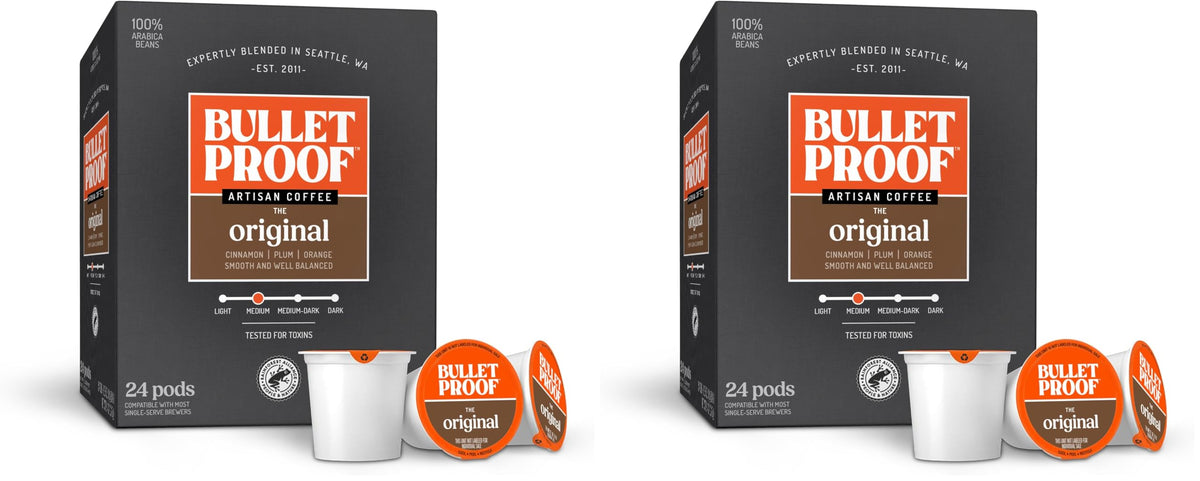 Bulletproof Original Medium-Roast Single-Serve Coffee Pods, 24 Count, 100% Arabica Beans, Clean Coffee Tested for Toxins
