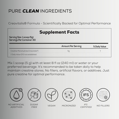 PureCreatine – Micronized Creatine Monohydrate Powered by Creavitalis – Unflavored Creatine Monohydrate Powder for Energy & Recovery – No Bloating, Easy Digestion – 5g per Scoop, 300g