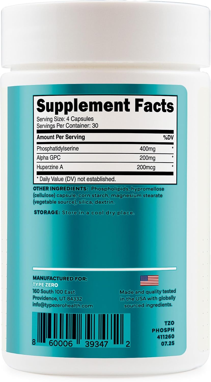 Type Zero Phosphatidylserine+ (400mg) 120 Capsules, 30 Servings | With Huperzine A + Alpha GPC, 3X Strength Nootropics Brain Support Supplement, Clean Focus & Memory