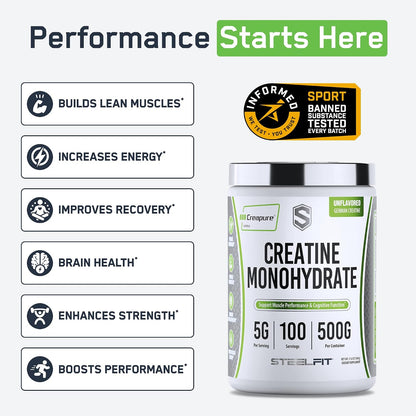 SteelFit Creapure Creatine Monohydrate Powder, Unflavored, 100 Servings | German Creatine Powder for Men, Women - Gym Workout Nutritional Supplements for Muscle Gain, Brain Health & Strength Building