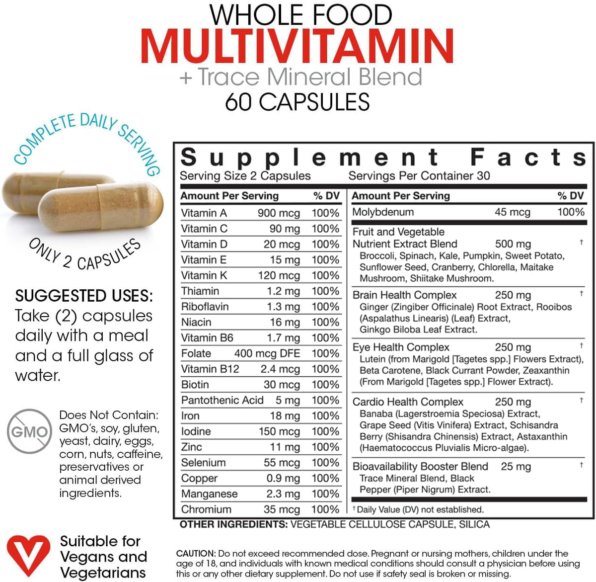 Silver Fern Whole Food Daily Multi Vitamin w/Trace Mineral Blend Supplement | 1 Bottle - 60 Vegicaps - 30 Day Supply - Natural, Non-GMO, Vegan, Men's & Women's Multivitamin - Zero Synthetics