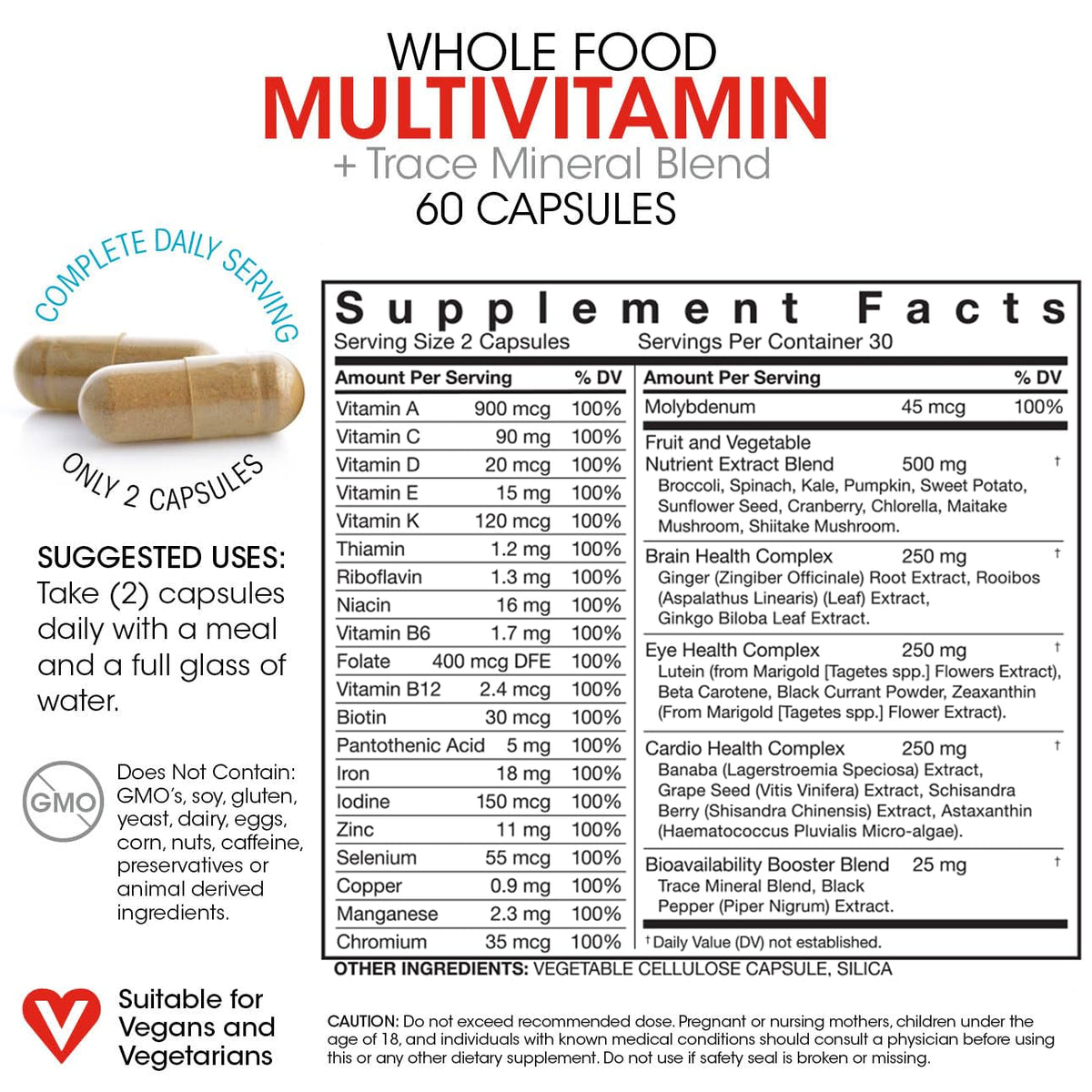 Silver Fern Whole Food Daily Multi Vitamin w/Trace Mineral Blend Supplement | 1 Bottle - 60 Vegicaps - 30 Day Supply - Natural, Non-GMO, Vegan, Men's & Women's Multivitamin - Zero Synthetics