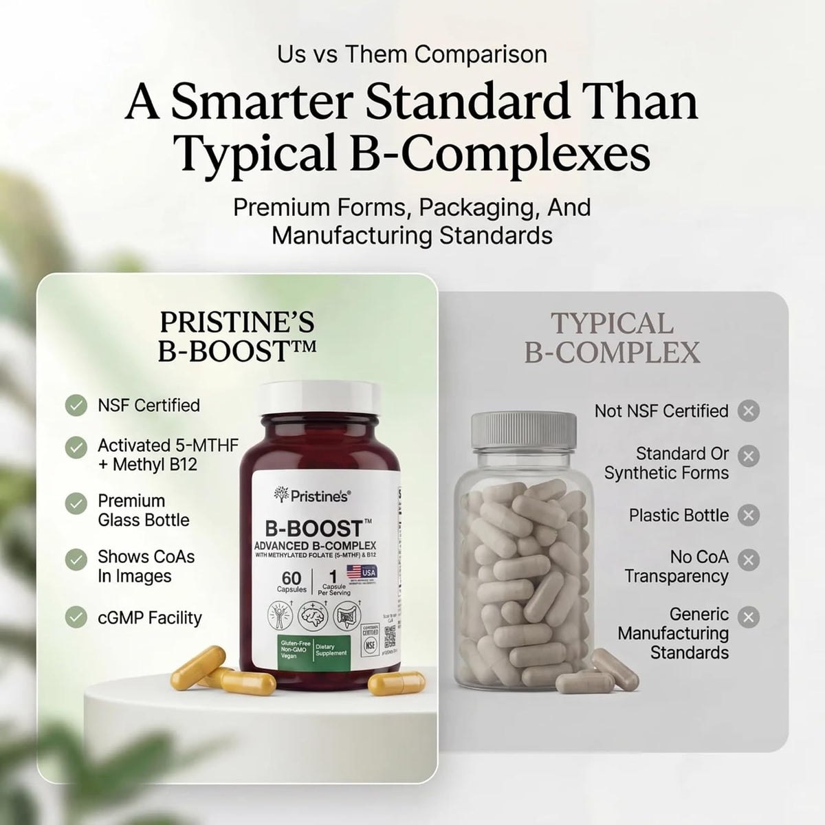 PRISTINE'S NSF Certified B Boost Methylated B Complex, 5-MTHF, 60 Count | Energy metabolism support with methyl B12 and choline in a methylated B complex. Vegan, non-GMO, gluten-free
